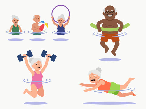 Active Seniors Group Doing Water Aerobics and Aqua Fitness Exercises in Pool Flat Vector Illustration