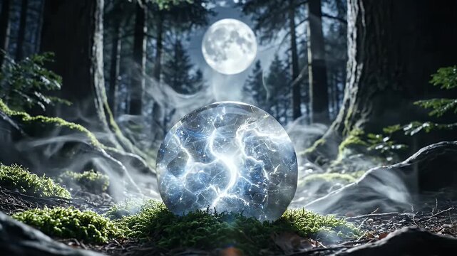 Mystical glowing orb with lightning energy in a dark enchanted forest under a full moon