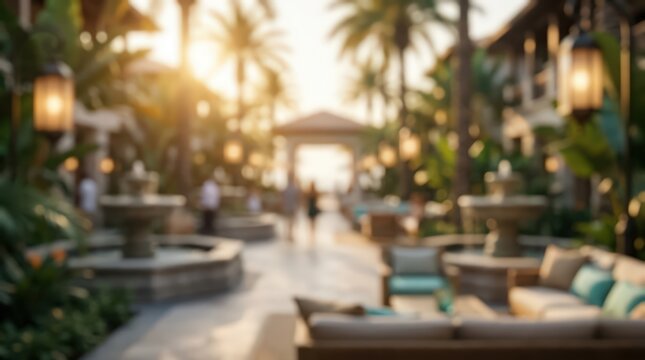 blurred luxury resort courtyard at sunset, tropical palms, outdoor lounge furniture, fountains, golden light