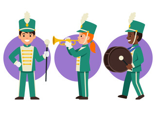 Diverse children in marching band uniforms with trumpet, bass drum and mace illustration