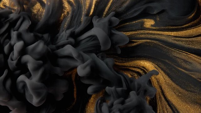 Onyx-black ink blooms through clear liquid, fine gold-toned tendrils threading through dark diffusion under dramatic side lighting, creating glossy contrast, opulent texture, and luxurious abstract mo