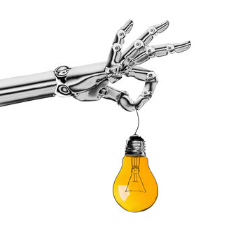 A robotic hand holds a lightbulb as a symbol of an idea, isolated on free png background. Innovations of artificial intelligence. Flat design.