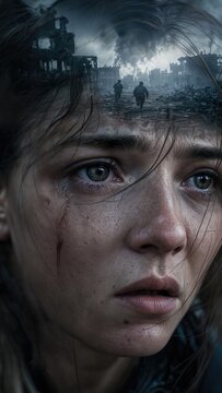 Crying woman suffering from ptsd with double exposure of war scene. Traumatized civilian in conflict zone experiencing painful flashback. Mental health concept of military trauma recovery.