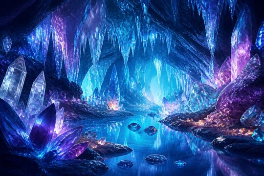 Crystal formations glowing above reflective cave lake