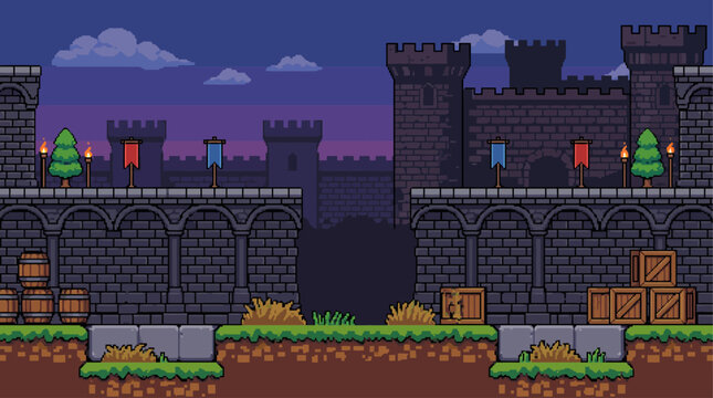 Retro 8 Bit Pixel Art Medieval Castle Courtyard Side Scrolling Game Background