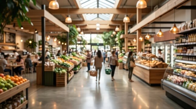 wide angle of a modern grocery interior, wood beams with skylights, fresh produce, busy marketplace.