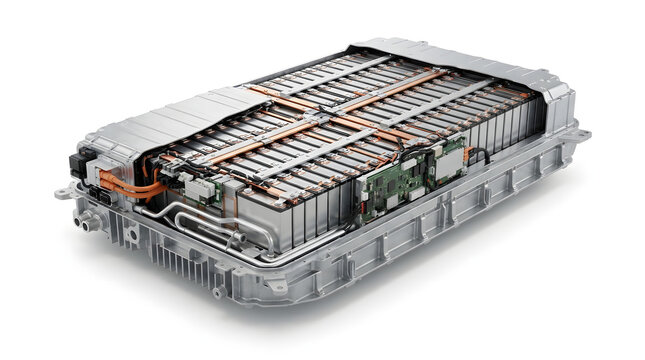 Detailed 3D render of an electric vehicle battery pack with exposed lithium ion cells, copper busbars, cooling system, and aluminum enclosure