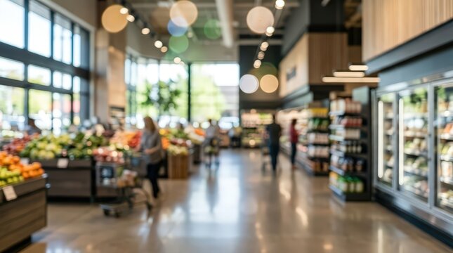 blurred wide angle of a modern grocery store interior with shoppers and fresh produce aisles.