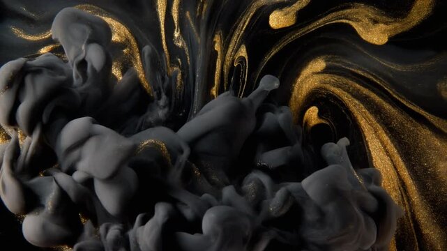 Onyx-black ink blooming with gold-toned tendrils