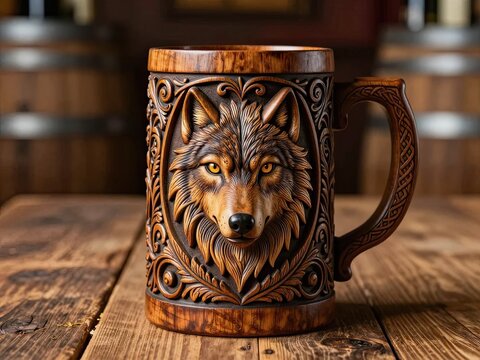 Carved wooden mug featuring wolf design