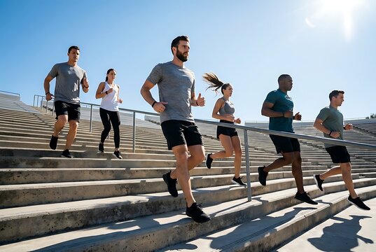 Group of diverse athletic people jogging up stadium steps under clear blue sky for morning fitness outdoor training session to improve endurance and body strength.
