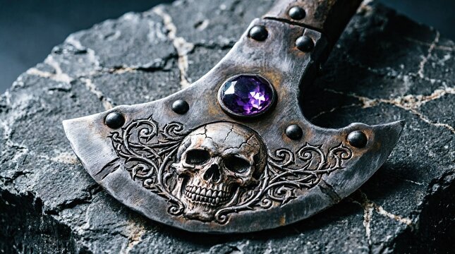 Decorative axe head with skull engraving and gemstone