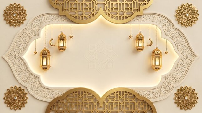 Islamic Ramadan background with glowing gold lanterns and ornate frame