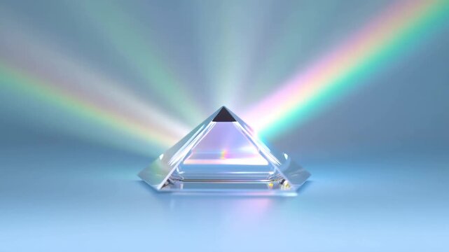 Glass pyramid prism dispersing light into rainbow spectrum. Crystal geometry with colorful light rays. Optical physics refraction effect.