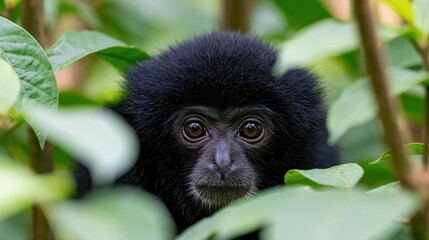 Obraz premium The curious black monkey peering through lush jungle foliage in a closeup portrait