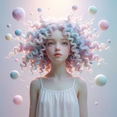 Fototapeta premium Beautiful young girl with curly pastel hair, white dress. Fantasy 3d illustration features colorful floating spheres around head. Dreamy woman with wavy hair looks forward in abstract soft light.