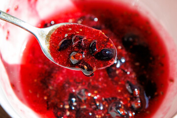 Red berry compote with dark seeds on a spoon © schankz