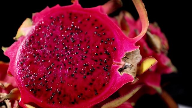 Close-up of fresh red dragon fruits arranged in a natural woven basket. The image highlights the vibrant red skin, unique texture, and tropical appearance of the fruit, making it ideal for healthy eat