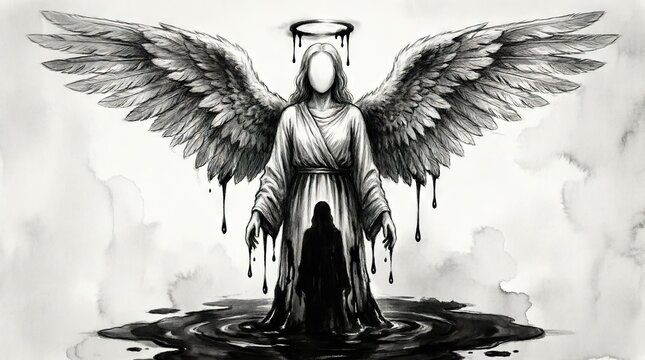 Tall winged figure with blank face over hooded person
