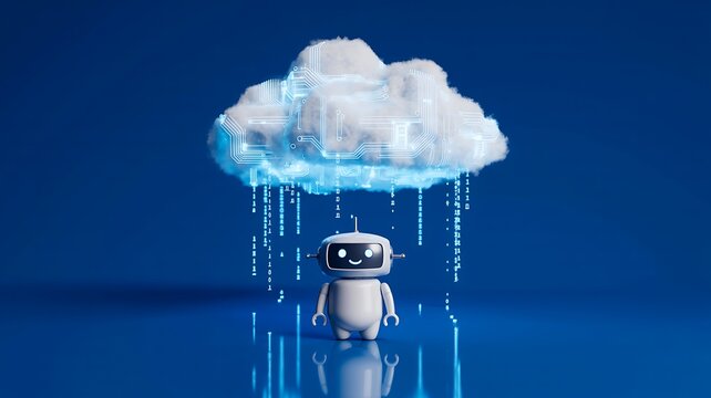 Futuristic service robot standing beneath digital cloud with streaming data concept