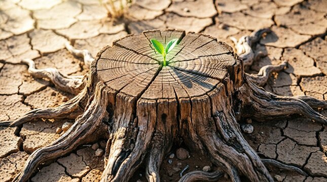 Green sprout growing from dead tree stump
