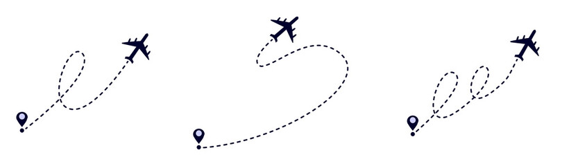 graphic illustration featuring three airplanes with dotted travel routes originating from map pins, symbolizing journey and destination concept. © Huan