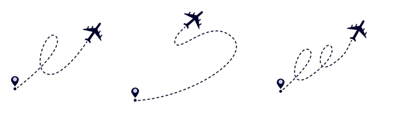 graphic illustration featuring three airplanes with dotted travel routes originating from map pins, symbolizing journey and destination concept.