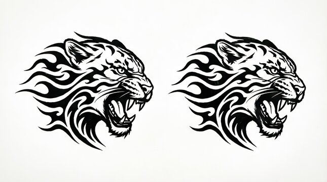 Two tribal flame tiger head designs side by side
