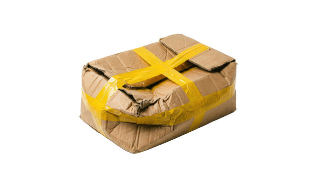 Damaged cardboard shipping box isolated on transparent background