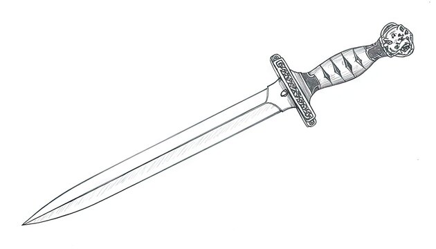 Black and white drawing of ornate dagger