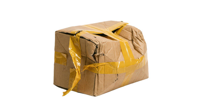 One heavily damaged and crushed cardboard shipping box isolated on transparent background