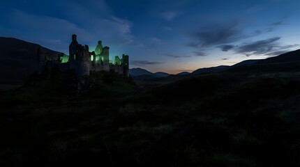 Obraz premium Illuminated castle ruins standing against a twilight sky with mountains