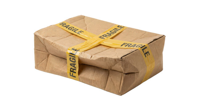 Damaged cardboard shipping box with fragile tape isolated on transparent background