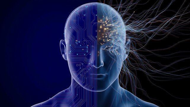 Human head with digital brain network representing artificial intelligence and advanced computing