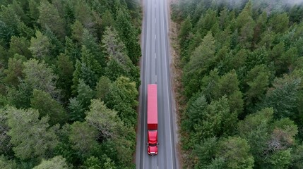 Obraz premium The Truck Journey Through Dense Forest on a Serene Aerial Road