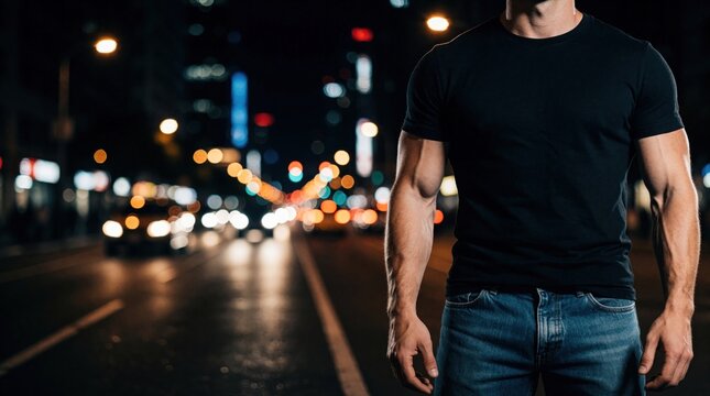 Muscular man stands on city street at night. Fit male model wears black t-shirt, blue jeans. Urban background with bokeh lights. Strong athletic body with ripped muscles. Masculine person posing