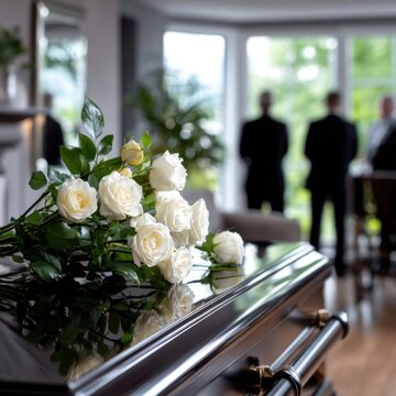 White roses arranged on a polished wooden casket with blurred mourners standing in a bright room during a solemn funeral service ceremony indoors