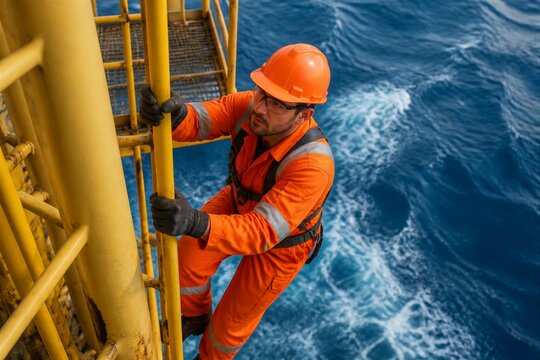 Worker climbing offshore ladder on oil platform at sea