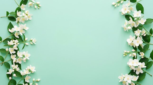 Minimal jasmine flower frame on light mint green background with botanical, delicate