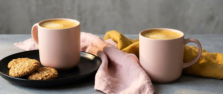 Two cups of coffee with cookies on table morning light cozy atmosphere relaxing break time.