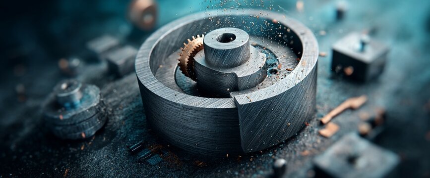 Close-up of metal gears and mechanical parts, with focus on a circular mechanism and scattered components