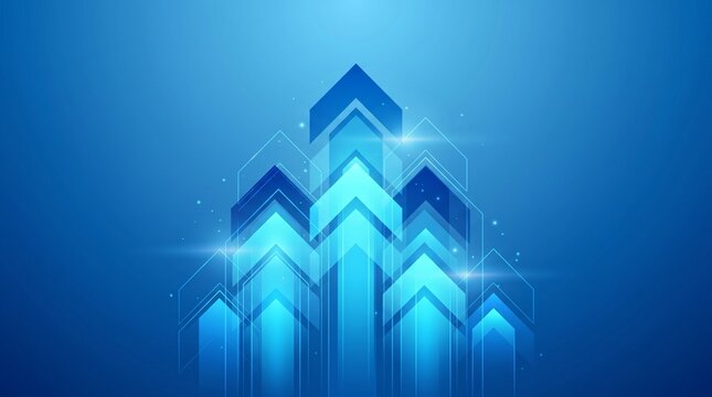 Abstract blue background with glowing arrows pointing up representing business growth and success