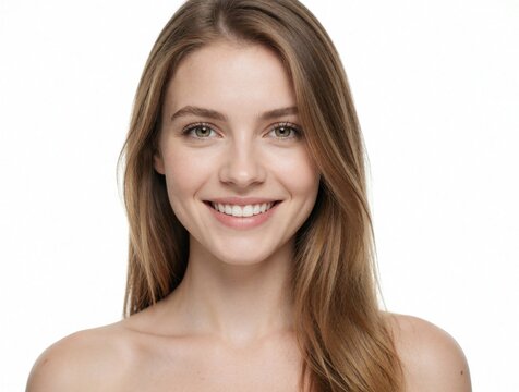 Young woman with long brown hair smiles brightly in studio portrait. Her healthy skin and happy expression convey positivity and natural beauty. She looks directly at camera with sparkling green eyes.
