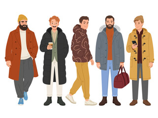 Vector illustration of diverse men in stylish winter outerwear and autumn fashion coats © Noah