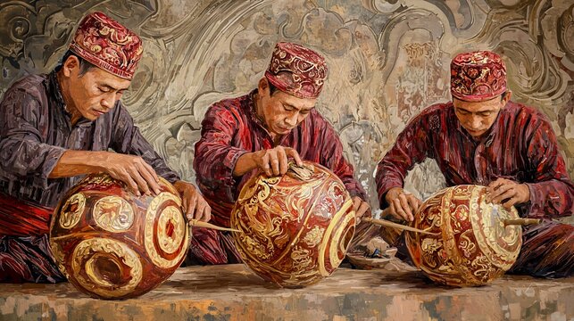 Three artisans meticulously crafting ornate spherical objects.