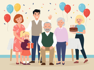 Fototapeta premium Happy Multi-Generational Family Celebrating Grandfather Birthday with Cake and Balloons Flat Illustration