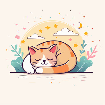 Cute sleeping orange cat under starry night sky with clouds, isolated vector illustration