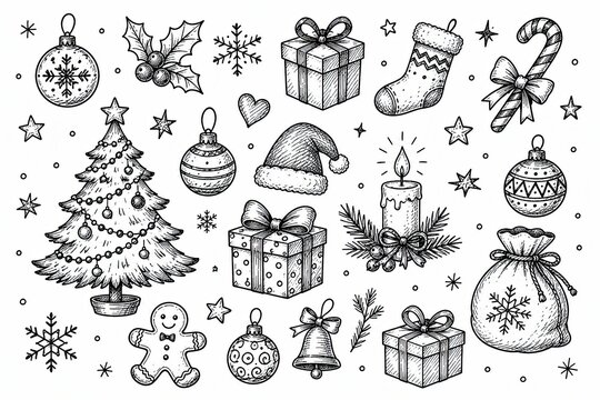 Set of hand drawn christmas icons and holiday decorations illustration