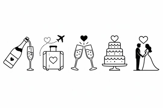 Set of wedding and honeymoon icons with champagne cake and couple