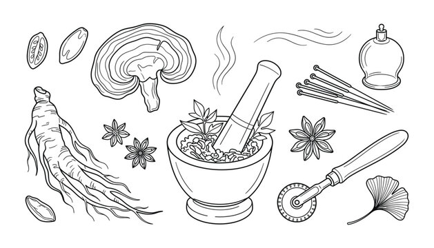 Traditional Chinese medicine herbal acupuncture mortar pestle ginseng reishi mushroom ginkgo leaf cupping therapy outline vector illustration set